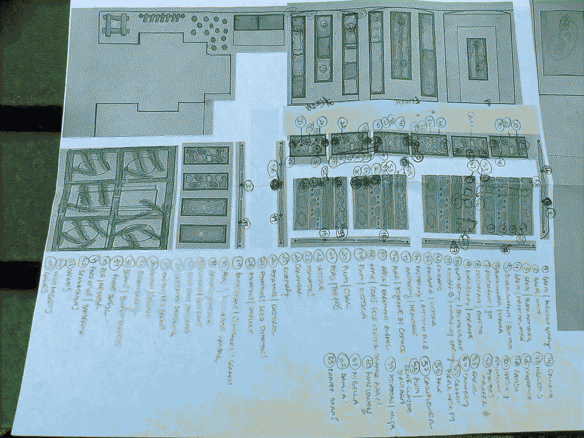 a paper with pencil sketches of a plan for garden beds